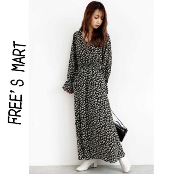 FREE'S MART Vネックフラワー長袖ワンピース 花柄ロングワンピース