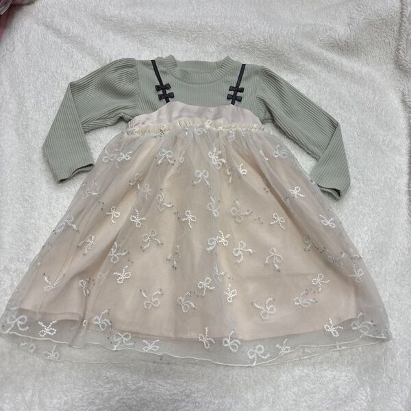 超美品アプレレクール リボン刺繍付き チュール リブ長袖ワンピース 90cm ピンク 女の子
