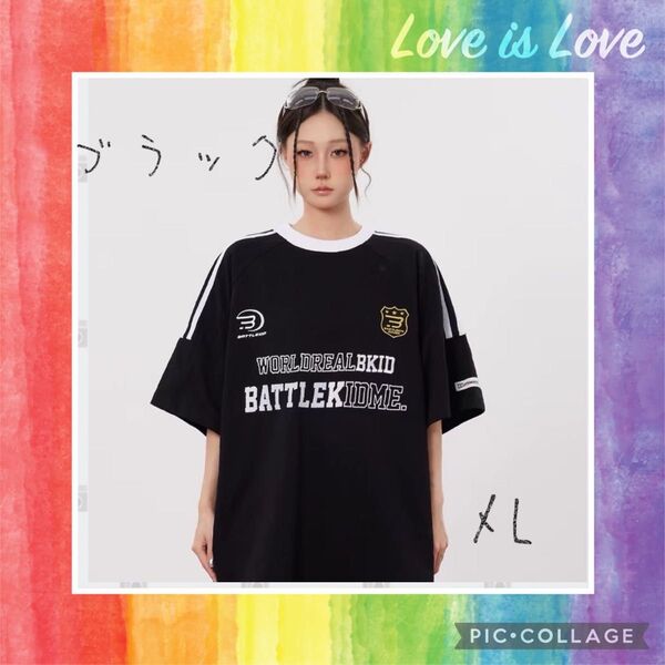 ★アルファベットTシャツ★ゲームTシャツ 黒 XL スポーツ ラインT 男女兼用 ユニセックス 刺繍 Y2K 韓国