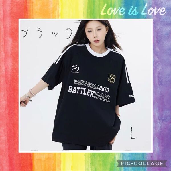 ★アルファベットTシャツ★刺繍 ゲームTシャツ ブラック 黒 スポーツ ラインT Y2K Lサイズ 韓国