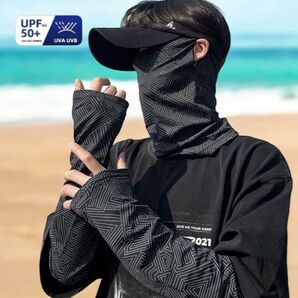 日焼け防止 フェイスマスク黒 アームカバー セット メンズ レディース 幾何学柄 紫外線対策 男女兼用