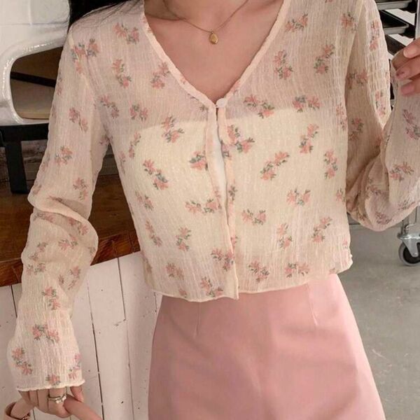 デイジー柄 シアー フロントブラウス ワンボタン カーディガン 花柄 ボレロ SHEIN