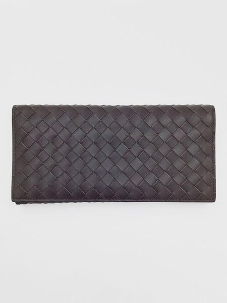 中古美品 BOTTEGA VENETA ボッテガヴェネタ イントレチャート 二つ折り レザー 長財布 メンズ ブラウン 茶