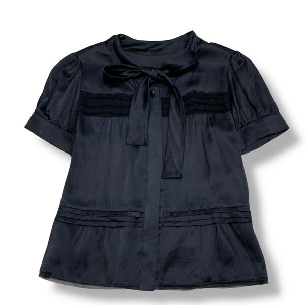 美品 FRANCO FERRARO シルク100% 上品 半袖 ブラウス トップス 黒 ボウタイ