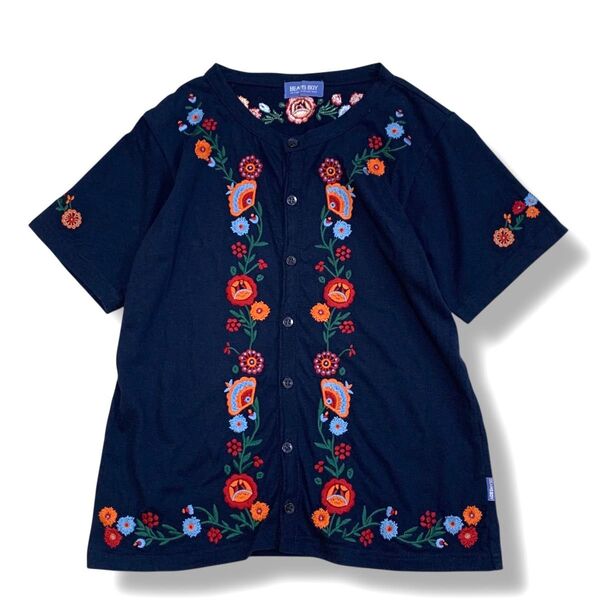ビームスボーイ 花柄 刺繍 カットソー シャツ 半袖 カーディガン トップス エンブロイダリー ネイビー