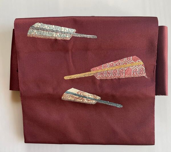 名古屋帯扇 刺繍 えんじ色