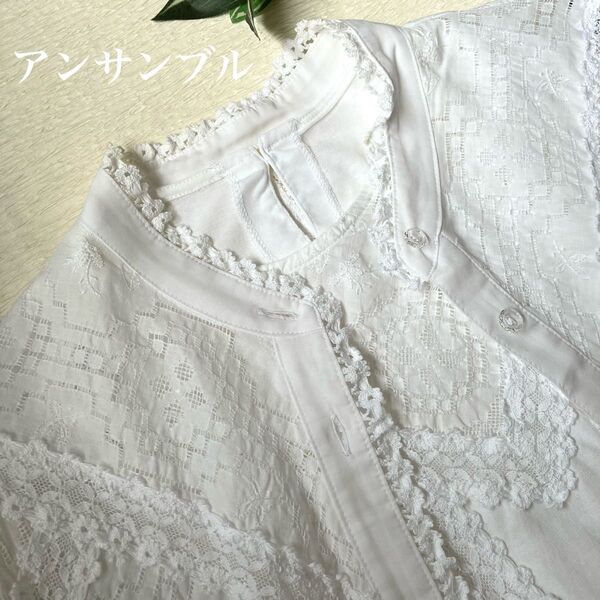 真っ白なスワトウ刺繍のアンサンブル コットンブラウス&カットソー