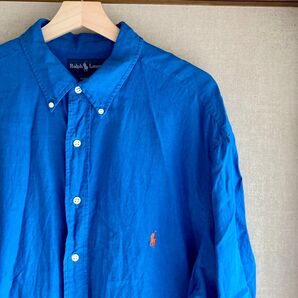 【レアカラー】Ralph Lauren シルクリネン ボタンダウン 半袖シャツ サイズXL コバルトブルー ピンクポニー
