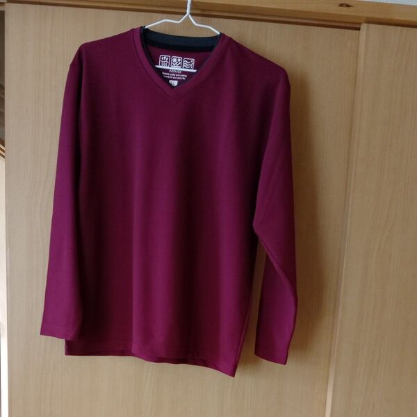 メンズ ASNAS Vネック長袖Tシャツ LLサイズ ボルドー