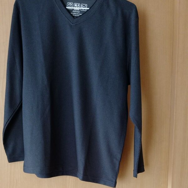 ASNAS Vネック長袖Tシャツ ブラック LL