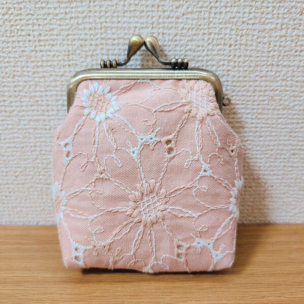 ハンドメイド がま口 ポーチ フラワー刺繍