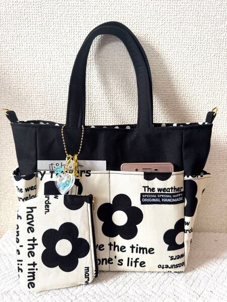 Sサイズ サイドポケット付きトートバック チャーム&ポーチ&Dカン付き