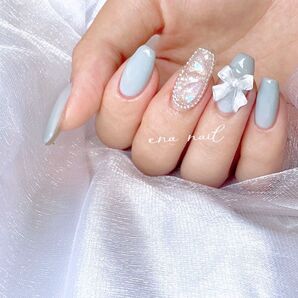 ミルキーブルー ホワイトリボン 埋め尽くし ネイルチップ