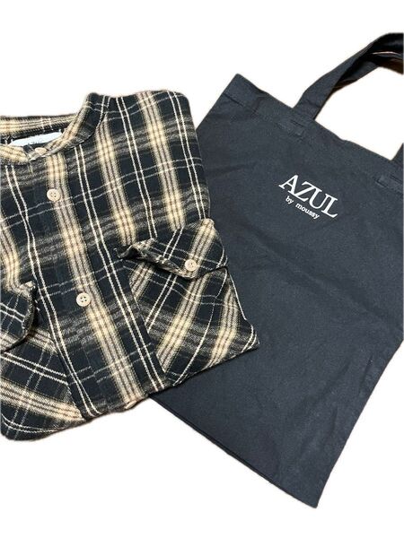 AZUL BY MOUSSY チェック柄 ネル素材バンドカラーシャツ メンズ オマケにトートバッグ