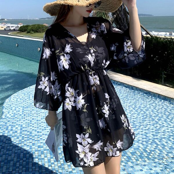 レディース 水着 3点セット セパレート水着 ラッシュガード フラワープリント 日焼け防止 夏 チュニック シースルー 2XL