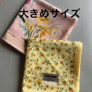 未使用 renoma PARIS 大判 ハンカチ ピンク イエロー 2枚セット 花柄