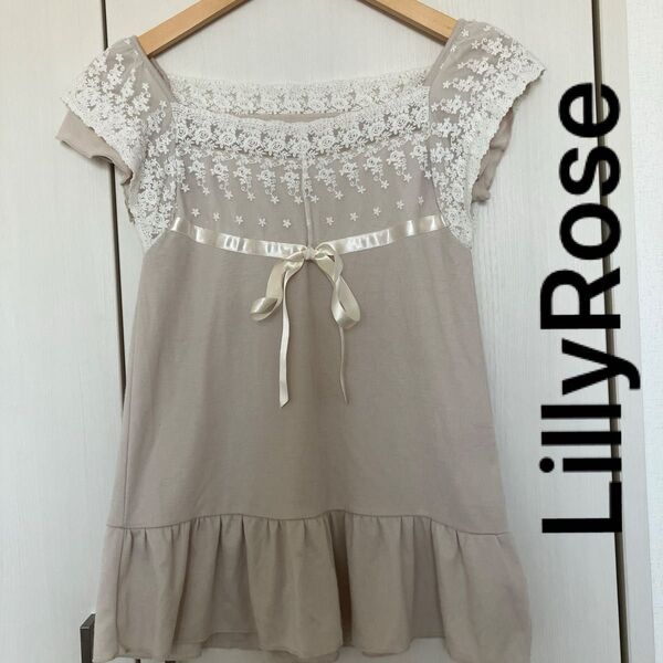 Lilly Rose リリーローズ 半袖トップス カットソー レース リボン フリル ベージュ M 38