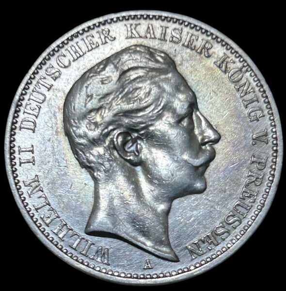 ドイツ ヴュルテンベルク 1909 3M銀貨 ウィルヘルム2世 トーンあり