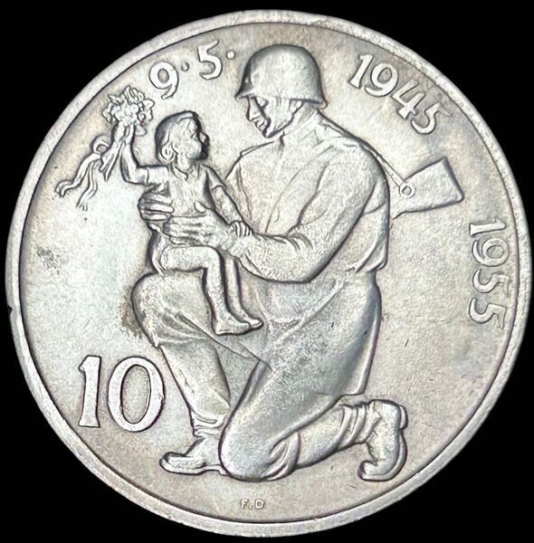 チェコスロバキア 1955 10K銀貨 ナチスから解放10年