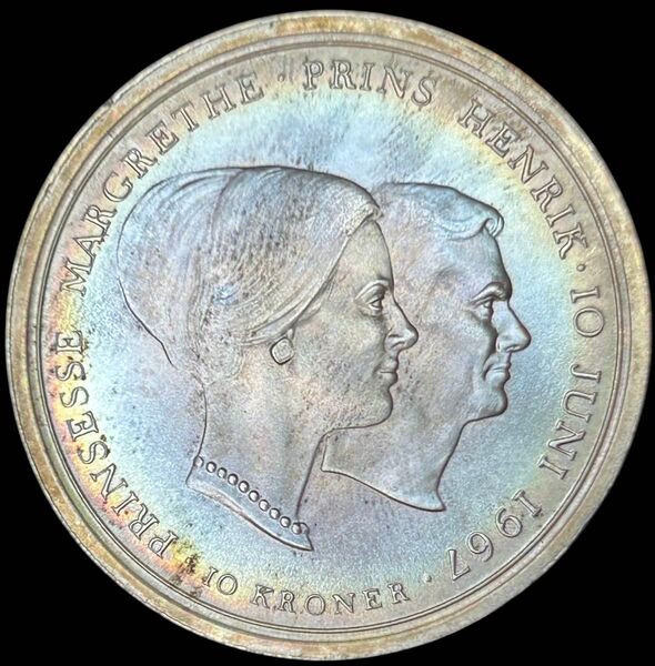 【奇跡の極美トーン】デンマーク 1967-C 10K銀貨 マルグレーテ王女御成婚