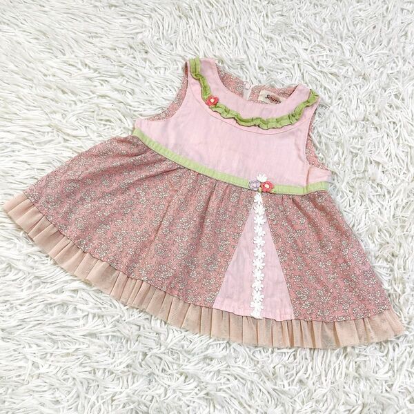 美品 souris 80 ミルキースーツ 花柄 刺繍 ベビー服 子供服 キッズ ワンピース ピンク チュニック 女の子