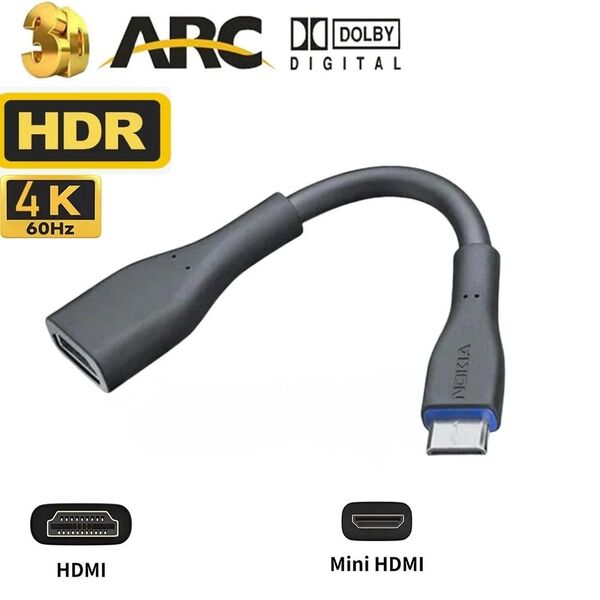 ノキア NOKIA Mini HDMI to HDMI変換アダプタ 4K60hz 3D対応
