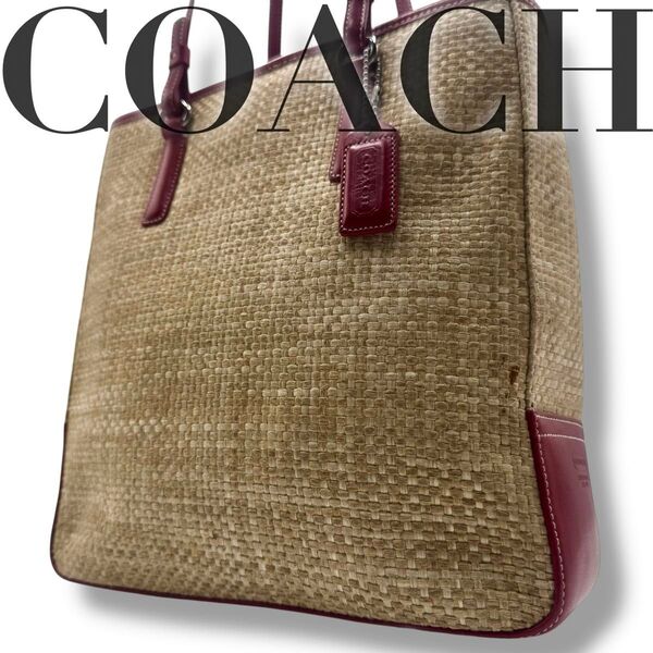 極美品 COACH コーチ ハンドバッグ カゴバッグ 赤 レッド ストロー レザー トートバッグ