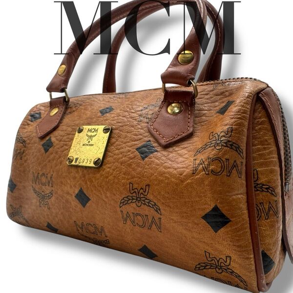 極美品 MCM エムシーエム ミニボストンハンドバック レザー 総柄 ハンドバッグ レザー ブラウン系 ヴィセトス柄 モノグラム