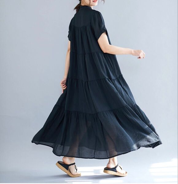 ティアード ワンピース ロング シャツワンピース ブラック Aライン モード系 体型カバー ゆったり ぽわん袖 ロングワンピース