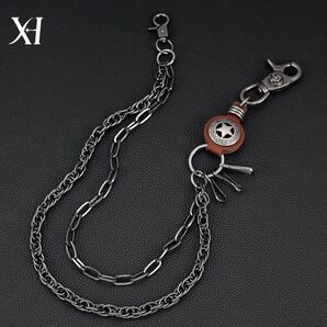 ウォレットチェーン 重厚感 ヴィンテージ レトロ 星 スカルプ 2連 チェーン アクセサリー シルバーカラー