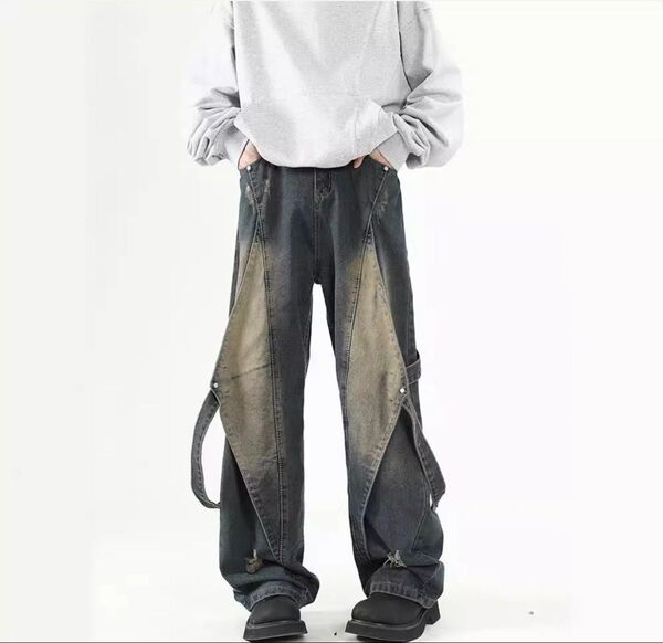 ジーンズ デニム ワイドパンツ ダメージ 古着風 ウォッシュ加工 ヴィンテージ風 ユニセックス ゆるだぼ ユニーク 個性的 韓国