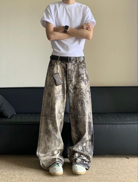 ワイドパンツ バギーパンツ ジーンズ カモフラ Y2K 韓国 ストリート 迷彩 ユニセックス ゆるだぼ