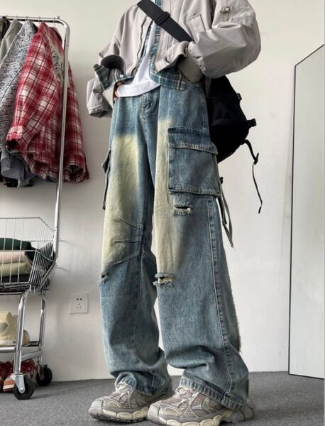 デニム パンツ ジーンズ ダメージ ストリート ワイド ジーパン ゆるだぼ ユニセックス オールシーズン カーゴパンツ 大きい