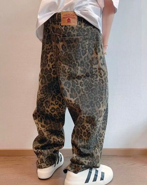 ヒョウ柄 レオパード ワークパンツ ゆるだぼ ワイドシルエット ストリート 豹 ユニセックス デニム ジーンズ レトロ