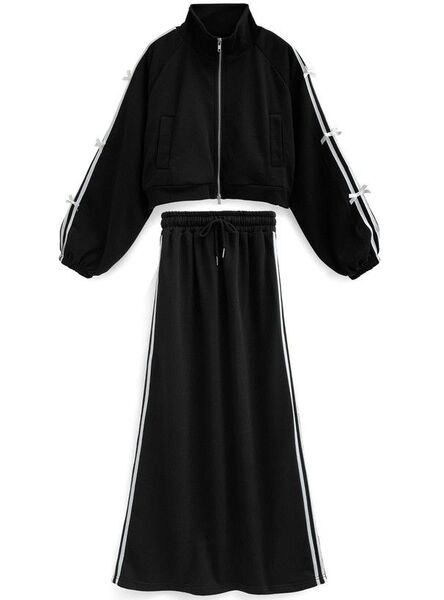 タグ付GRL★ラインリボンジップトップス×ロングスカートセット★F