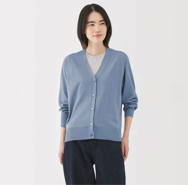 2025春夏 タグ付き新品《無印良品》UVカットライトニットVネックカーディガン ライトブルー L