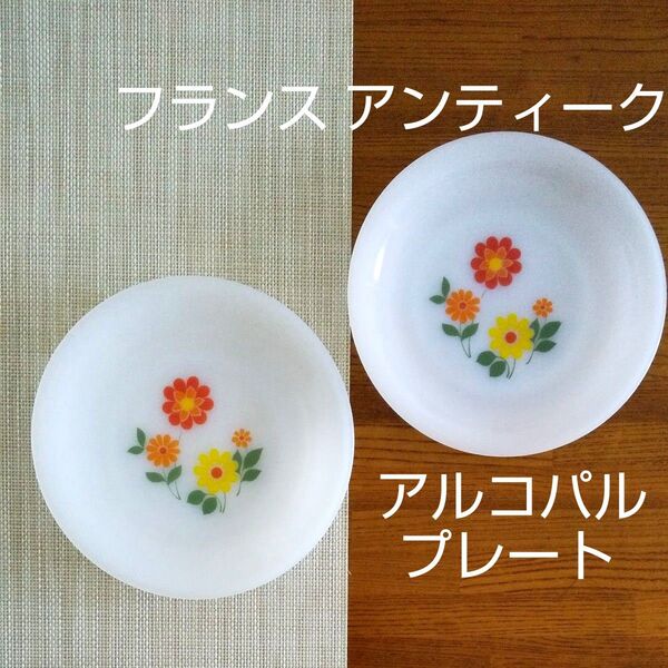 フランス アンティーク食器 Arcopal アルコパル プレート 2枚 ババリア フランス製 ミルクガラス 花 昭和レトロ 中皿