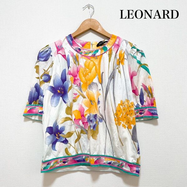 LEONARD レオナール フローラルカットソー ブラウス L 綿100% 上品 花柄 ロゴ エレガント