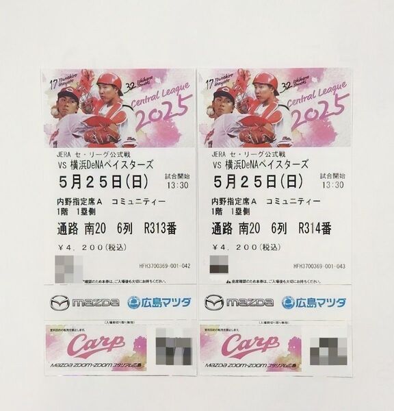 広島カープ 5月25日(日) 横浜DeNAベイスターズ戦 観戦チケット 連番