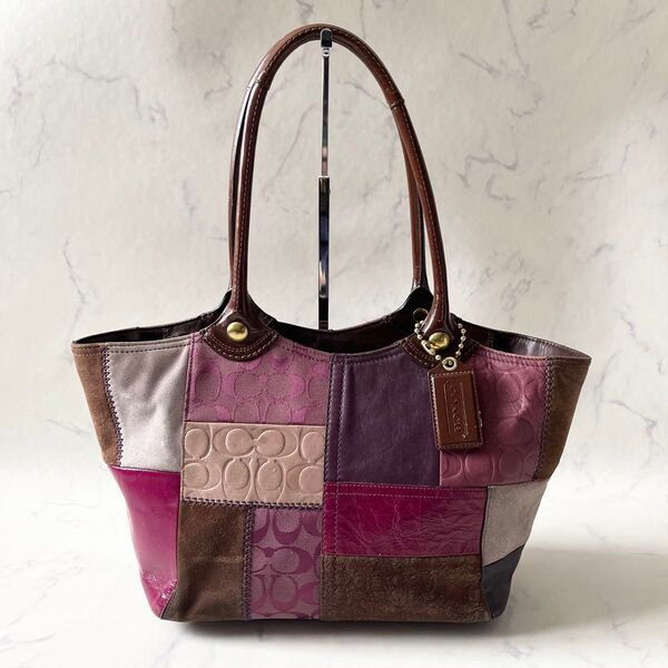 【良品】COACH コーチ パッチワーク トートバッグ スウェード スエード レザー 本革 キャンバス マルチカラー