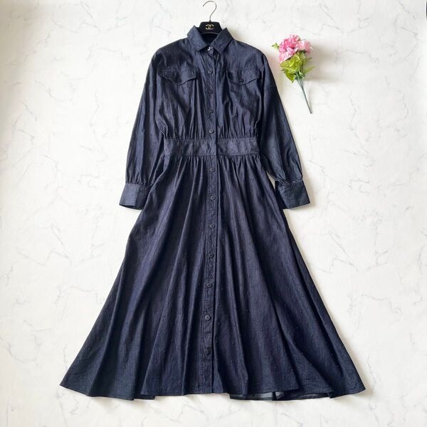 【美品】SINME シンメ デニムロングワンピース インディゴ ドット柄 マキシ丈 Aライン フレア ネイビー 紺 S