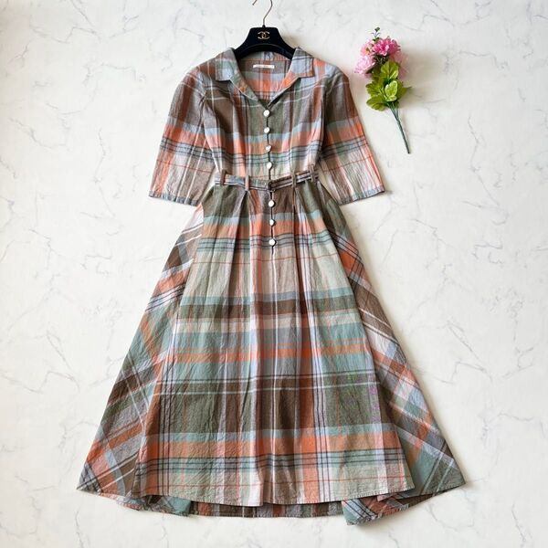 【極美品】REDYAZEL レディアゼル ベルト付 ロングシャツワンピース Aライン フレア リネン混 麻 マルチカラー Sサイズ