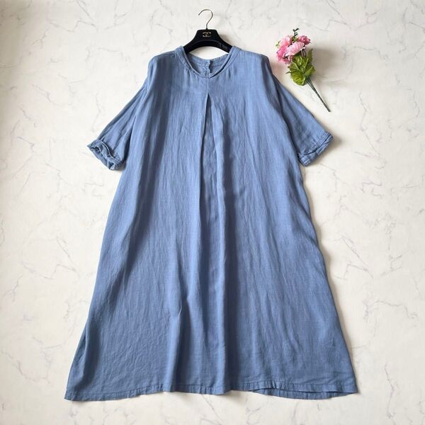 【美品】nest Robe ネストローブ リネンロールスリーブ2way ワンピース デニム インディゴ ブルー 青 水色 Fサイズ
