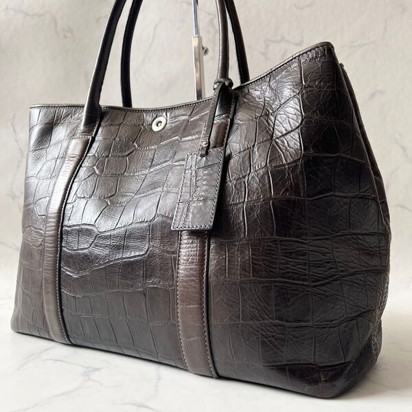 BARNEYS NEWYORK バーニーズニューヨーク クロコ型押し トートバッグ ビジネスバッグ レザー ダークブラウン 茶