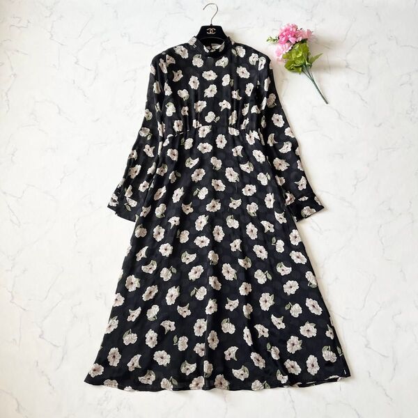 【美品】ZARA ザラ フラワードットブラウスワンピース ロングワンピース 花柄 総柄 Aライン フレア ブラック 黒 Sサイズ