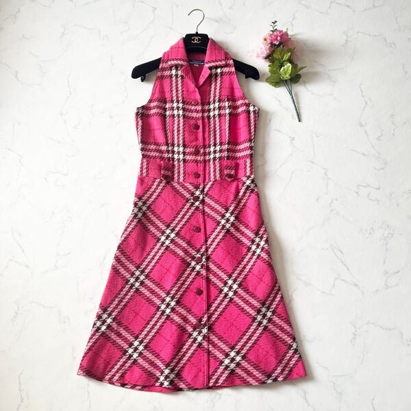 【極美品】BURBERRY BLUE LABEL バーバリーブルーレーベル ノバチェック ワンピース リネン 麻 ピンク 38 M