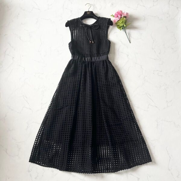 【極美品】self-portrait セルフポートレイト ノースリーブワンピース メッシュ リボン Aライン フレア マキシ 黒M