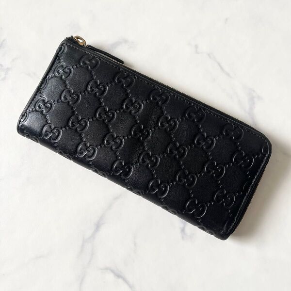 【美品】GUCCI グッチ GG柄 総柄 L字ファスナー 長財布 レザー 本革 ブラック 黒