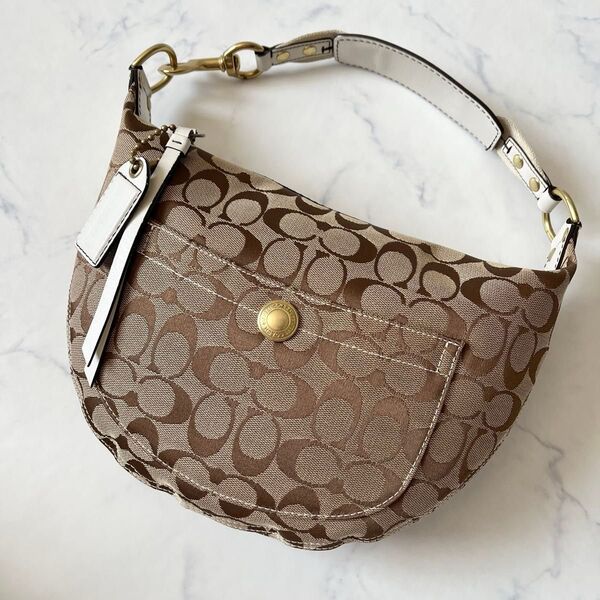 【美品】COACH コーチ ホーボー ワンショルダーバッグ シグネチャー 総柄 レザー 本革 キャンバス ベージュ ホワイト 白