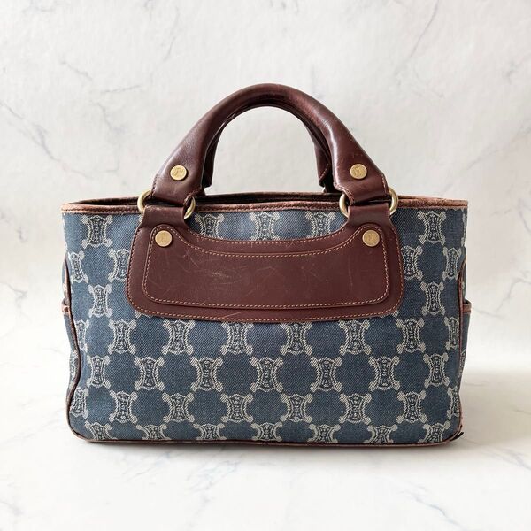 CELINE セリーヌ パリマカダム 総柄 デニム インディゴ レザー ブギーバッグ ハンドバッグ ミニボストンバッグ 紺 茶